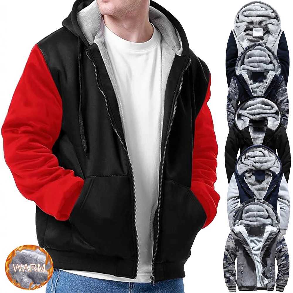 Mens Fleece Jacket Camouflage Thicken Jackets Hooded Coat Winter Long Sleeve Down Coats Casual Streetwear Mens Hoodies M240921