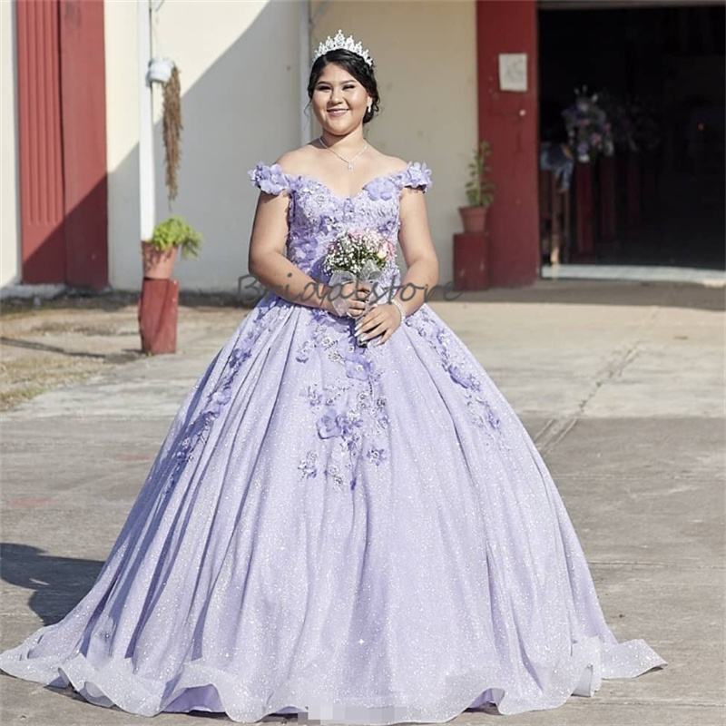 Glitter Lilac Quinceanera Dresses Plus Size 3D Florals Vestido De 15 Anos Quinceanera Off Shoulders Sparkly Robe De Soiree 2025 vestidos de fiestas el