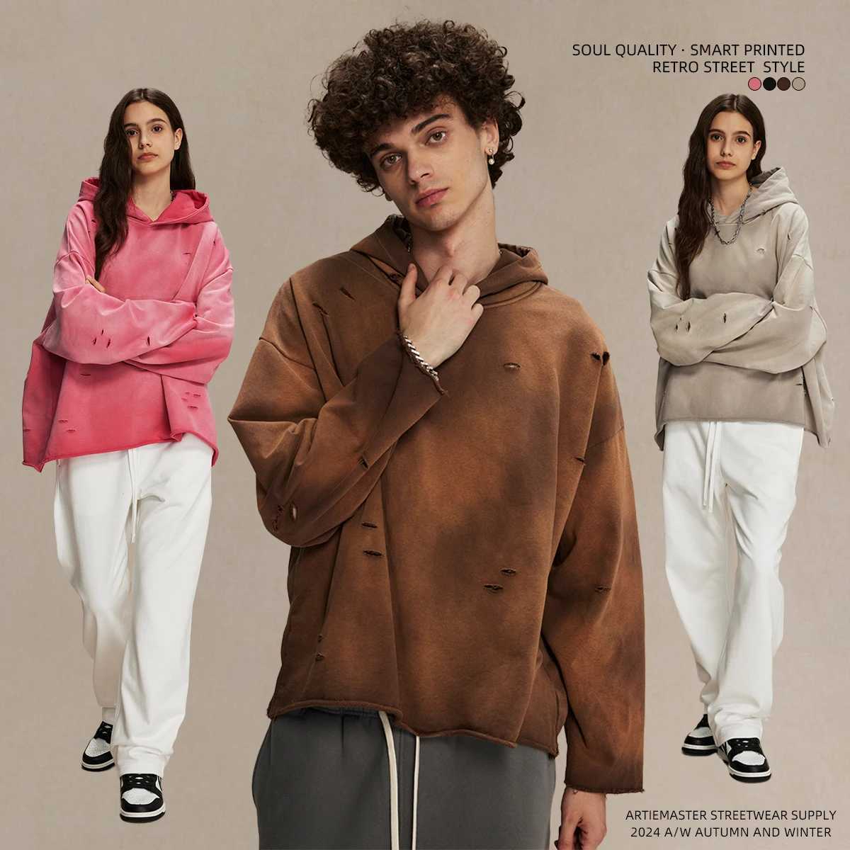 Men's Hoodies Sweatshirts Irregular holes on the original edge of an old washed monkey hair hoodie J240921