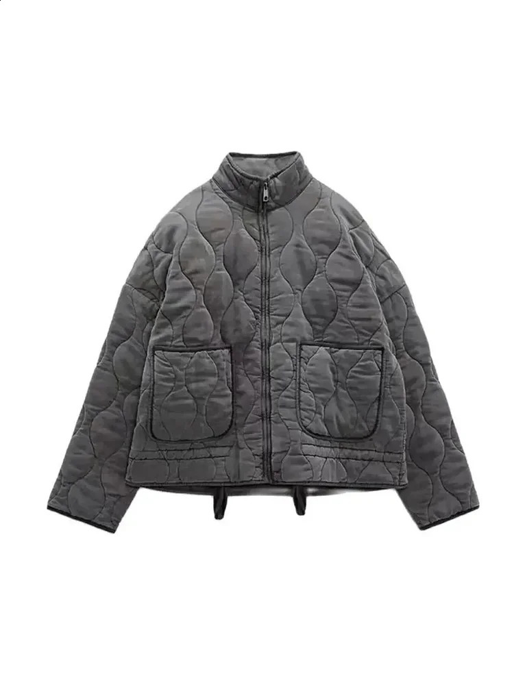 Womens Diamond Check Cotton Jacket Round Neck Loose Long Sleeve Zip Vintage Street Fashion Pocket Warm Top 240919