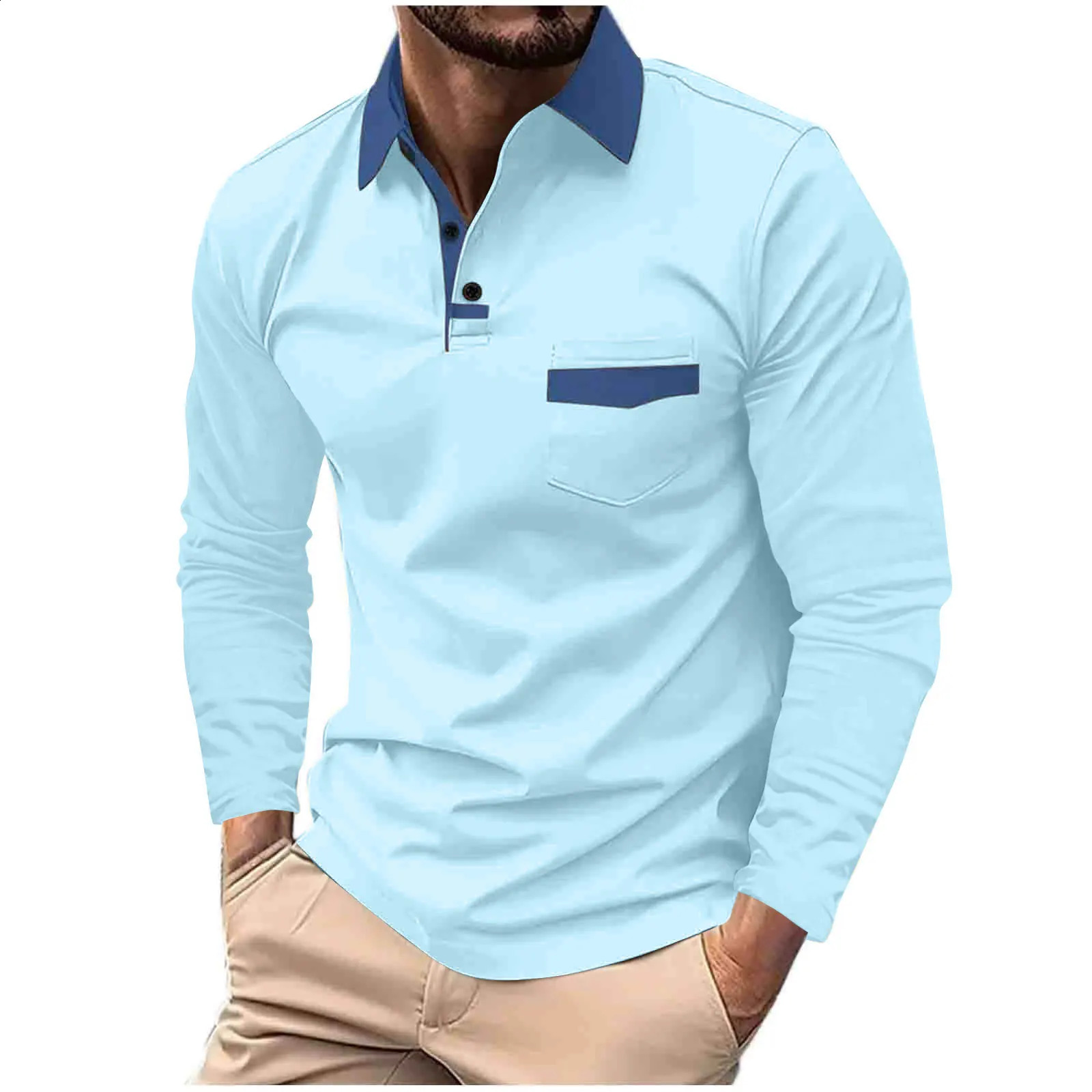 2024 Spring and Fall leisure business POLO shirt chest pocket mens lapel long-sleeved polo shirt 240914