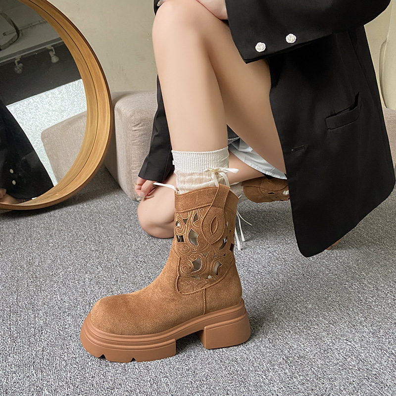 Women Fashion Hollow Design Martin Boots Leather Vintage Style Thick Sole Trendy Winter Shoes Triple Apricot Brown Free shipping 61a4