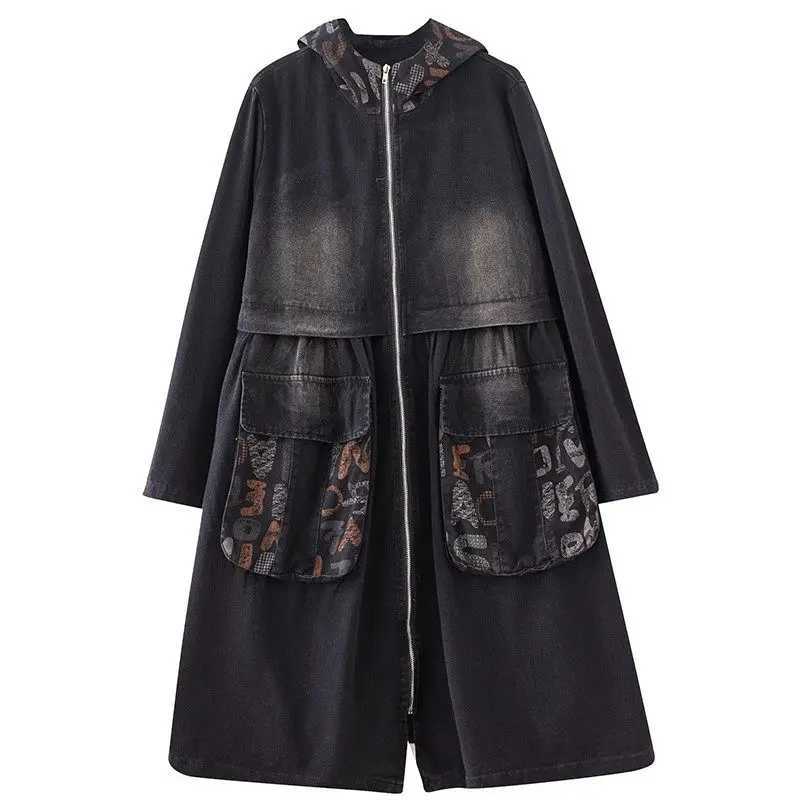 Retro Washed Oversized Denim Jacket 2024 Early Spring Casual Loose Fit Hooded Printed Spliced Jeans Coat Windbreaker Z4057X240921