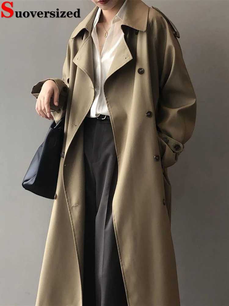 Classic Grey Long Belt Trench Coats Women Korean Double Breasted Gabardina Jackets Streetwear Windbreaker Abrigos Spring CasacosX240921
