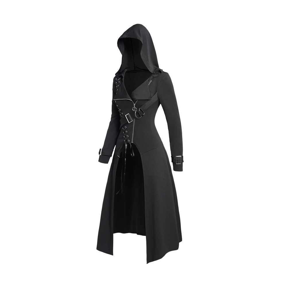 Fall New Punk Gothic Hooded Coat Plain Color Lace Up Zip Overcoat For Women Long Sleeve Trench Longline Outwear X240921