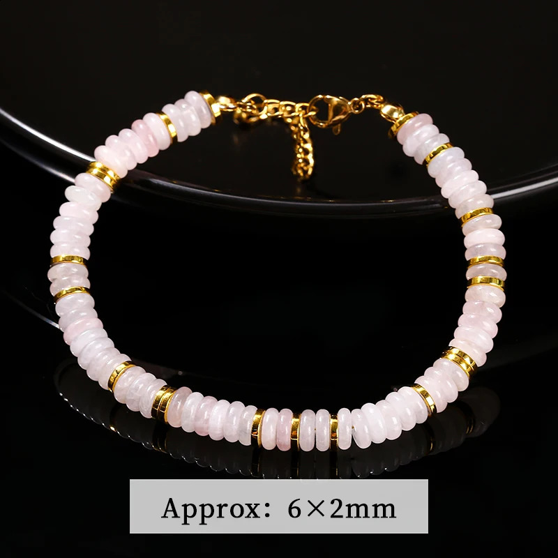 JD Natural Stone Pink Quartz India Agate Flat Round Spacer Bead Stainless Steel Bracelet Women Trendy Healing Adjustable Jewerly 240919