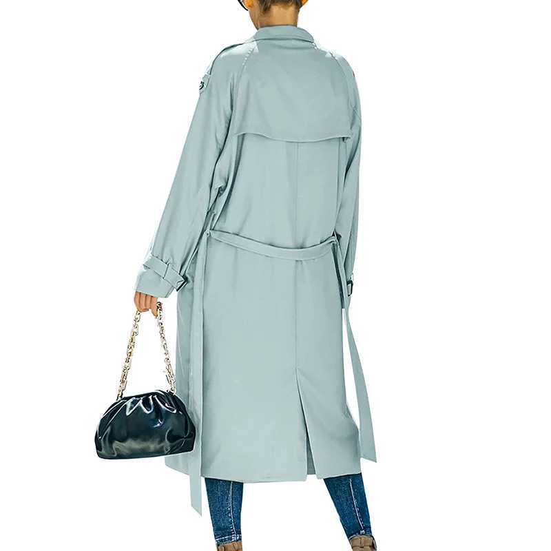 Women s Classic Long Trench Coat Double-Breasted Lapel Long Sleeve Windproof Overcoat with BeltX240921