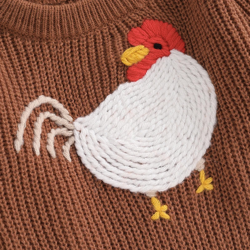 Retro winter born baby sweater casual rooster embroidery warm knit long sleeved floral baby knit 240918