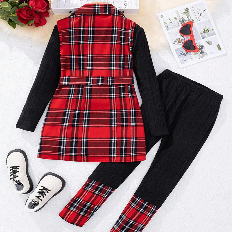 Three Piece Set For Winter Girls Cute And Warm Christmas Plaid Printed Jacket Long Sleeved Pants Princess Birthday Party Dress 240911