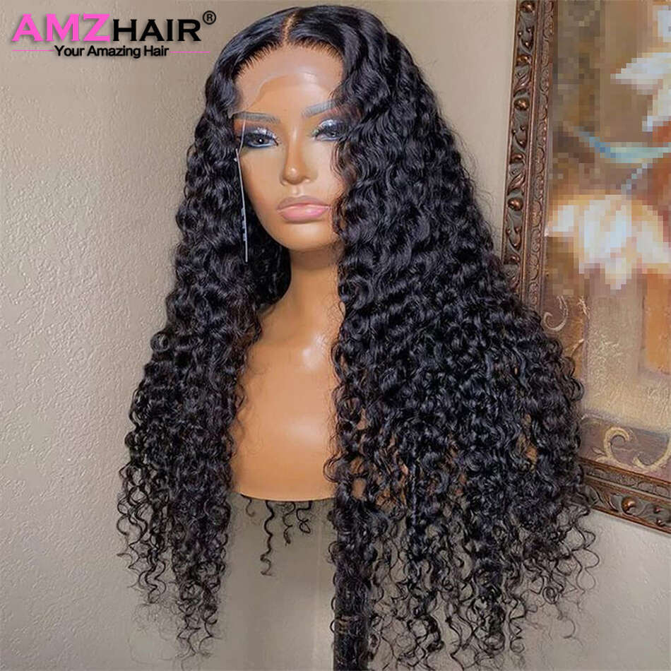 13x4 Kinky Frontal Human Hair For Women Pre Plucked Water Wave 4x4 Transparent Lace Closure Curly Wigs