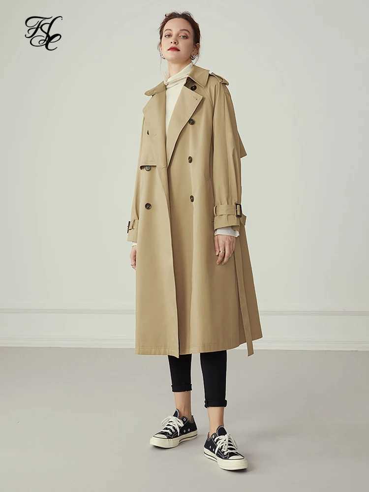 FSLE 100% Cotton Khaki Long Women Trench Coat Autumn Winter Turn Down Collar Women Clothes Causal Full Sleeve Belt TrenchX240921