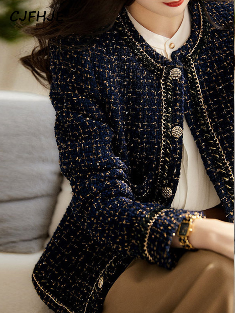 CJFHJE All-Match Tweed Coat Female New Elegant O-Neck Cropped Jacket Women Spring Autumn Korean Fashion Pockets Outwear Clothing