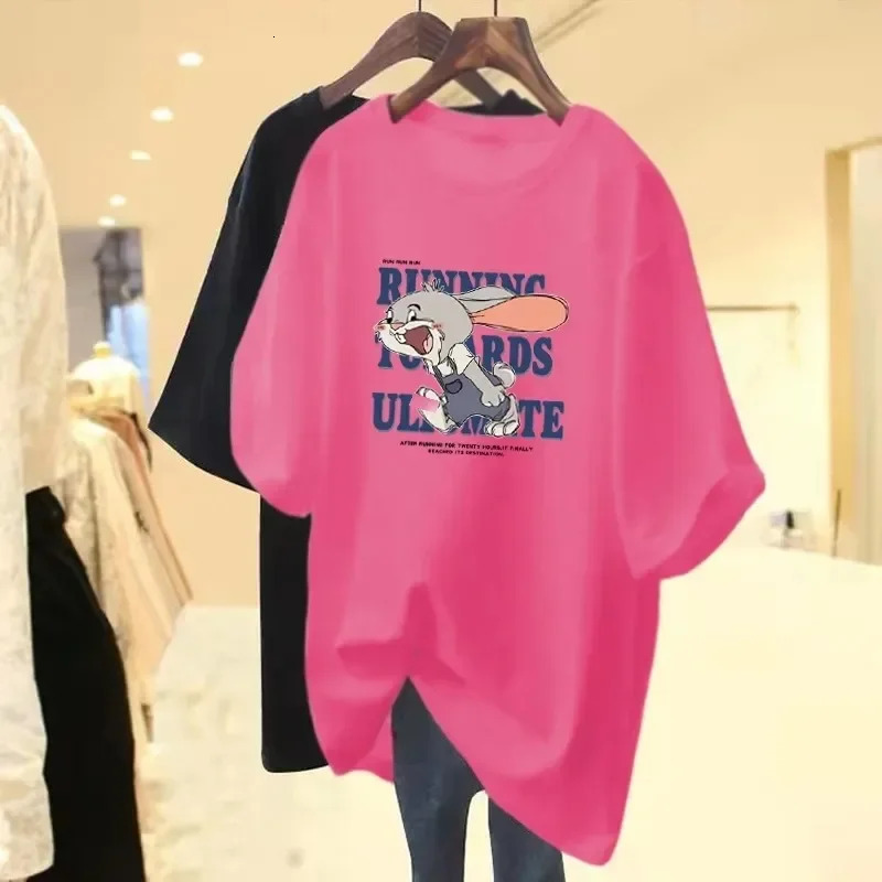 2024 New Rabbit Printed T-shirt Short Sleeve Summer Dress New Off Shoulder Medium Long Loose Plus Size Top Women's Free Delivery Free Shipping