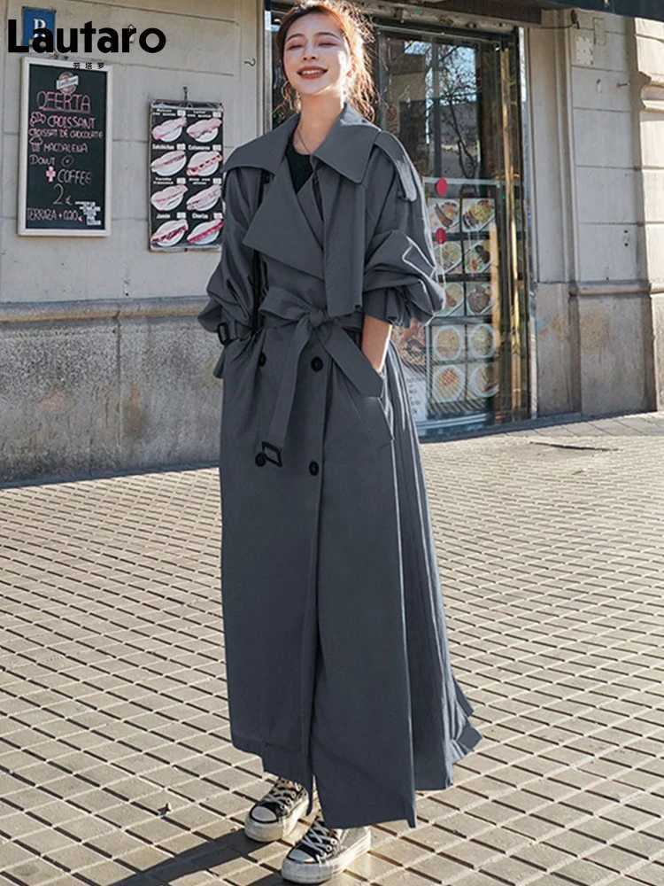 Lautaro Spring Autumn Extra Long Flowy Oversized Casual Trench Coat for Women Belt Double Breasted Loose Korean Fashion 2022X240921