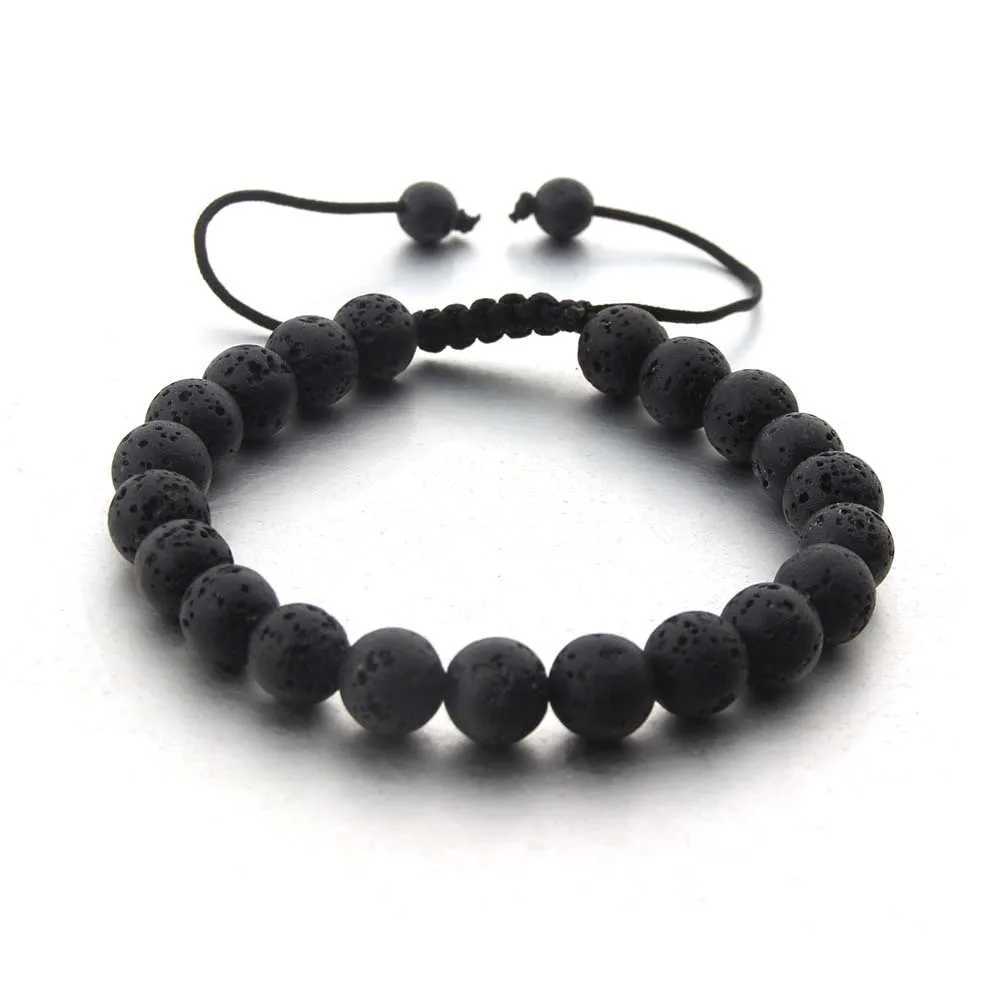 Minimalist black volcanic stone 8mm beaded woven mens bracelet adjustable jewelryX240921