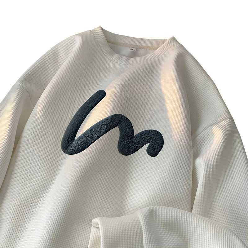 Korean mens sportswear comfortable waffle fabric staff collar sweatshirt wave print casual loose sports shoulder strap hooded sweatshirt W240921