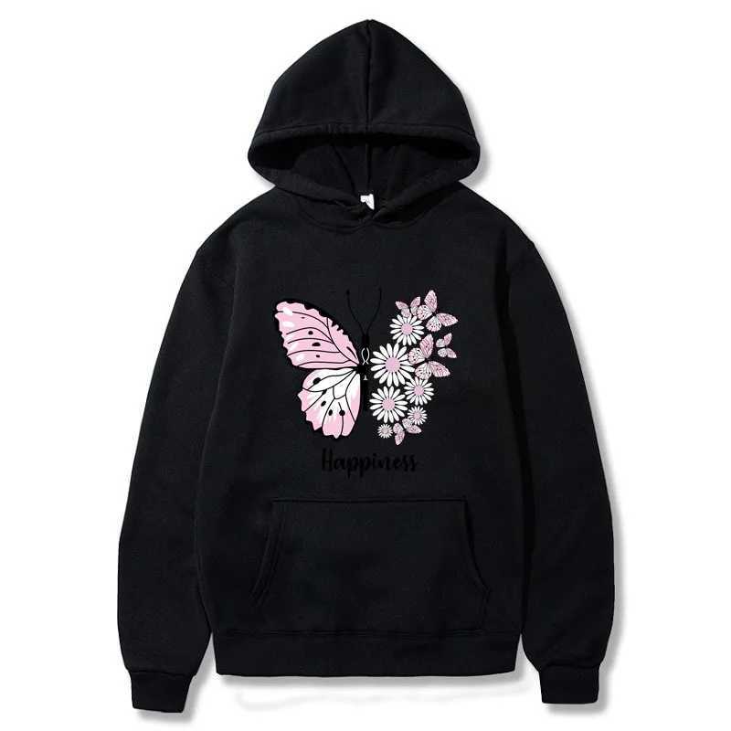 Unisex butterfly printed casual hoodie with floral design pocket sweater black XS-4XL W240921