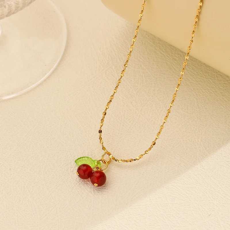 316L Stainless Steel Cherry Necklace Natural Stone Bead Pendant Necklace Womens Fashion Wedding Jewelry Birthday Gift W240918