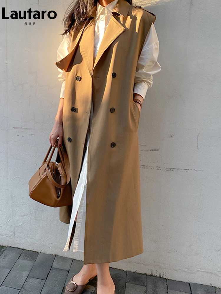 Lautaro Spring Autumn Long Khaki Sleeveless Trench Coat for Women with Belt Double Breasted Loose Casual Vest 2023 New ArrivalsX240921
