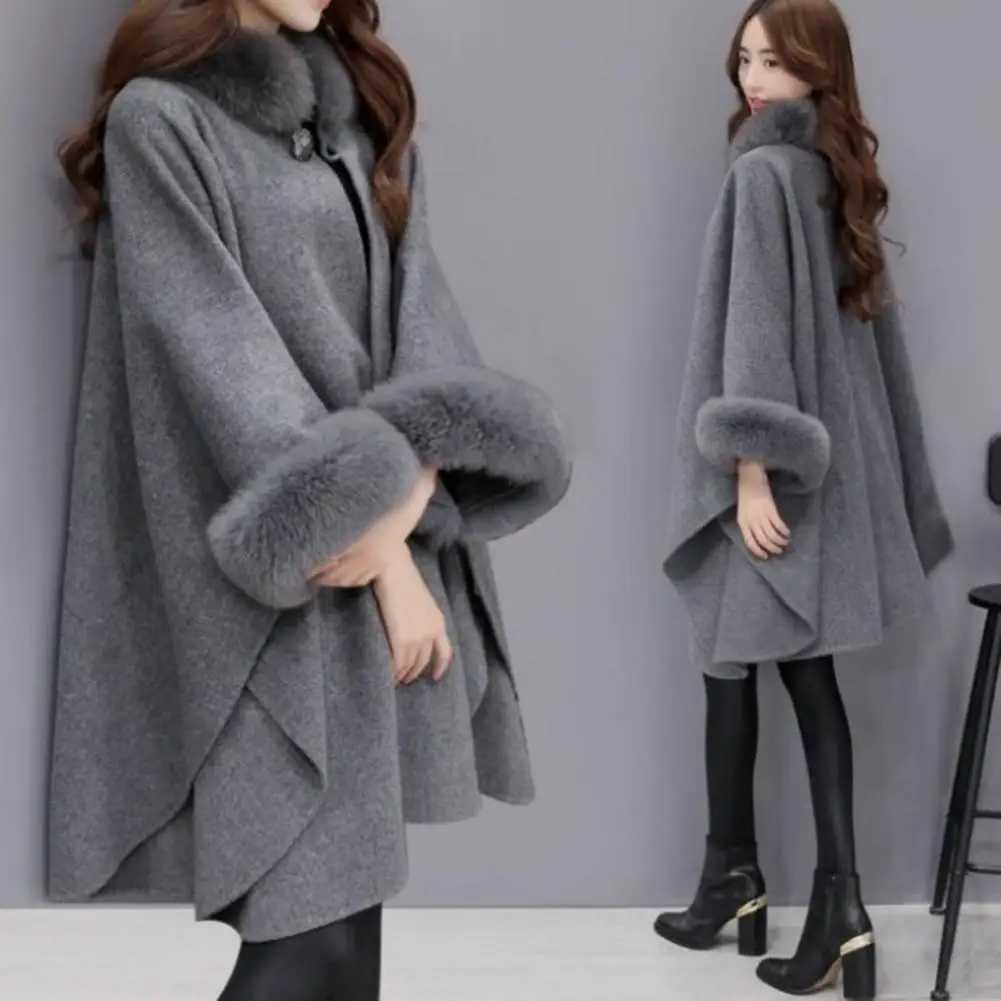 Womens Cape Town coat solid color faux fur collar autumn warm loose medium length raincoat jacket suitable for daily wear Bohemian shawl W240921