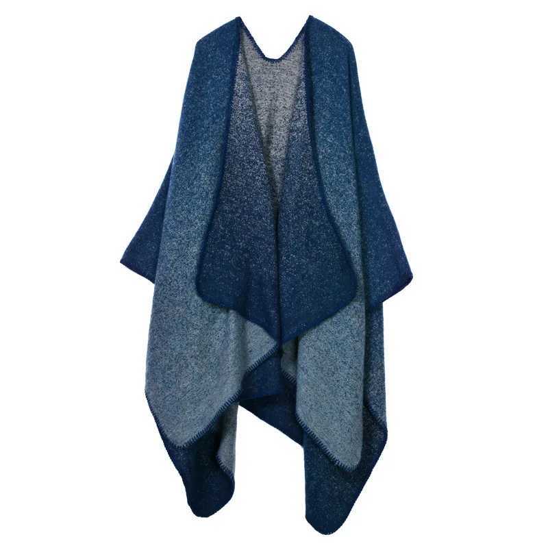 Autumn and winter checkered womens travel shawl imitates cashmere European ethnic style forked thick cloak raincoat shawl W240921