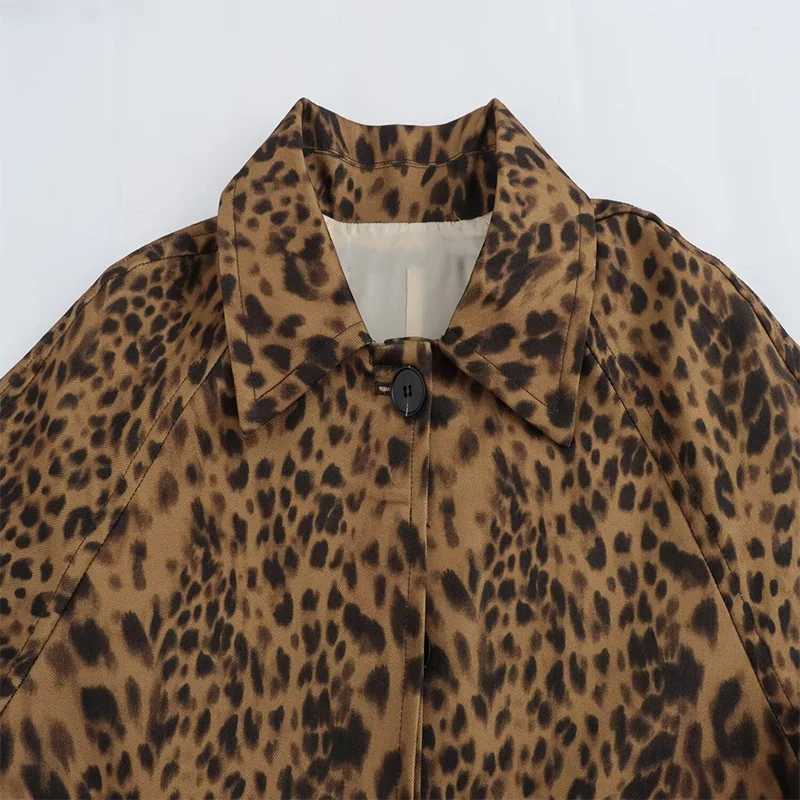Summer Elegant Womens 2024 New Casual Fashion Long-Sleeved Single-Breasted Leopard Print Jacket Long Loose Trench Coat OutwearX240921