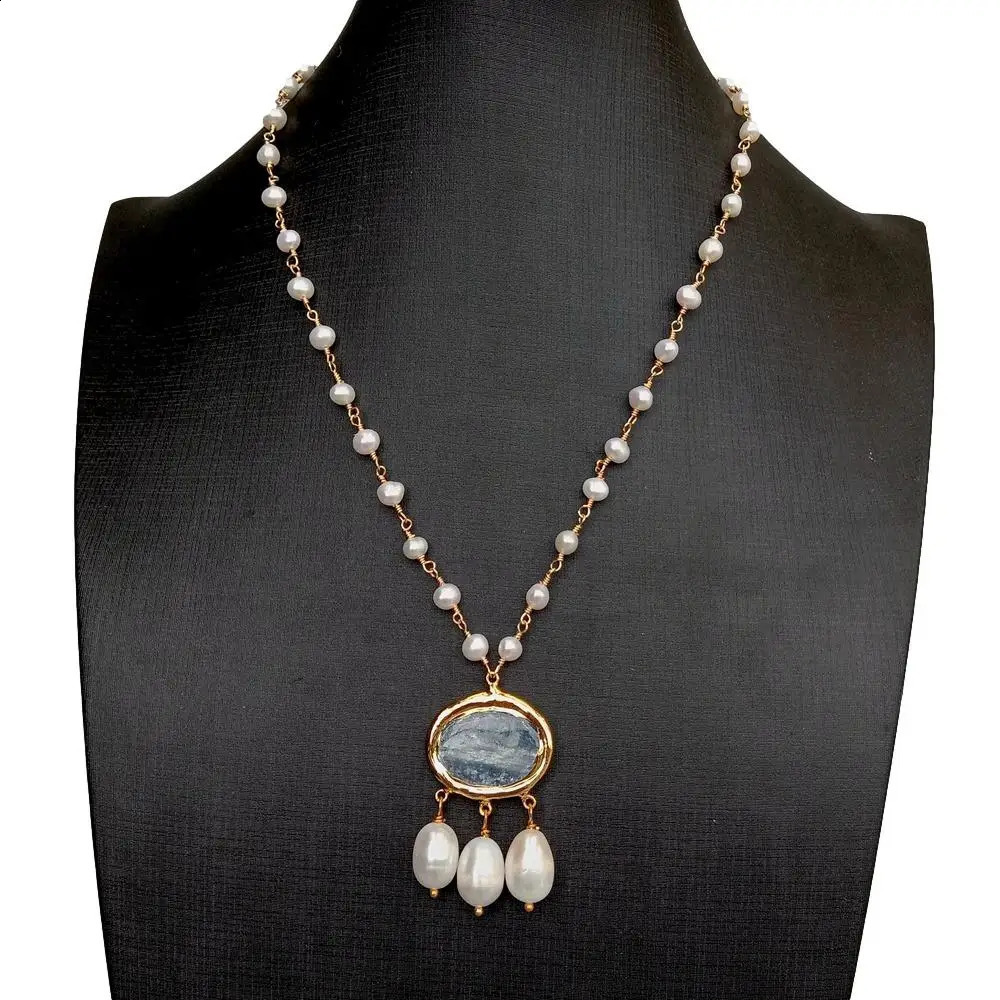 YYGEM Natural Cultured White freshwater Pearl Rosary Chain Necklace Blue Kyanite Rice Pearl Pendant 18 240910
