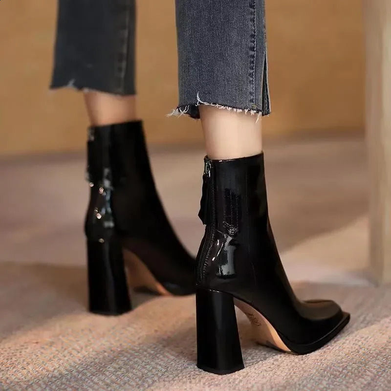 Autumn Winter Ankle Boots Womens High Heels Fashion Thick Heel Short Boots Square Shoes Fashion Black Shoes 2024 240919