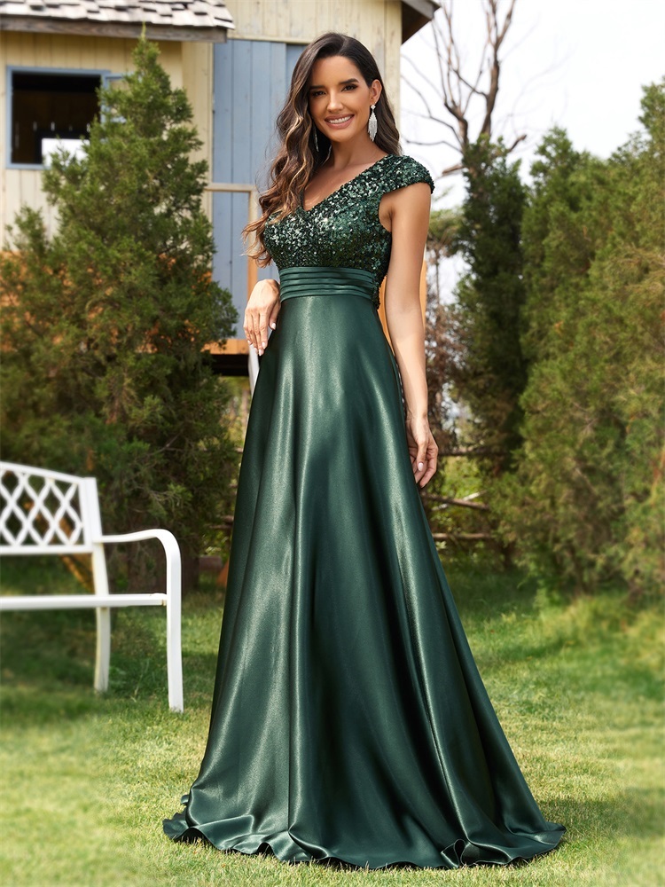 Lucyinlove Elegant V Neck Green Sequin Evening Long 2024 Women Satin Short Sleeves Party Prom Tail Dress