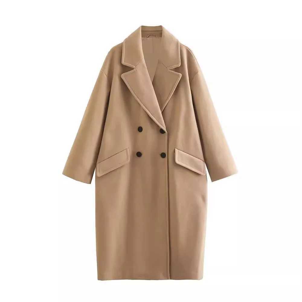 2024 Autumn and Winter New Womens Fashion and Casual Versatile Flip Collar Double Breasted Button Long Woolen Trench CoatX240921