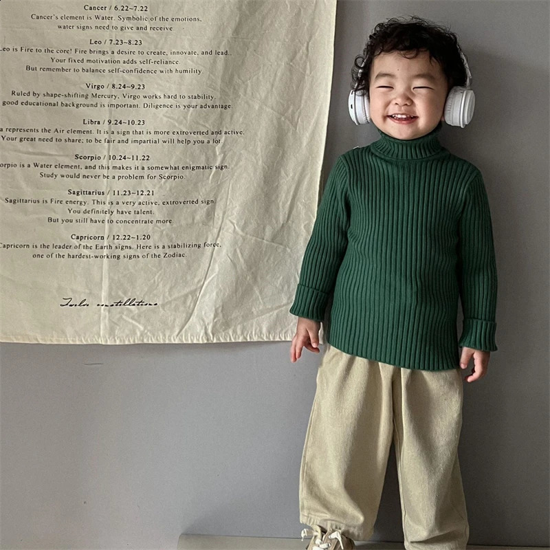 Winter Children Girls Knitted Sweater Basic Stripe Thick Zipper Turtle Neck Boys Knitted Top 240918