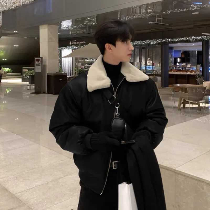 Men's Down Parkas Winter Jacket Men Warm Fashion Casual Thickened Leather Jacket Men Streetwear Korean Loose Short Coat Mens Thick Leather Coat J