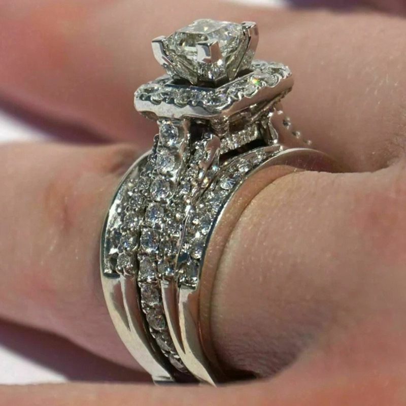 Handmade Wedding Rings: 3PCS Princess Cut White Topaz Bridal Jewelry Set