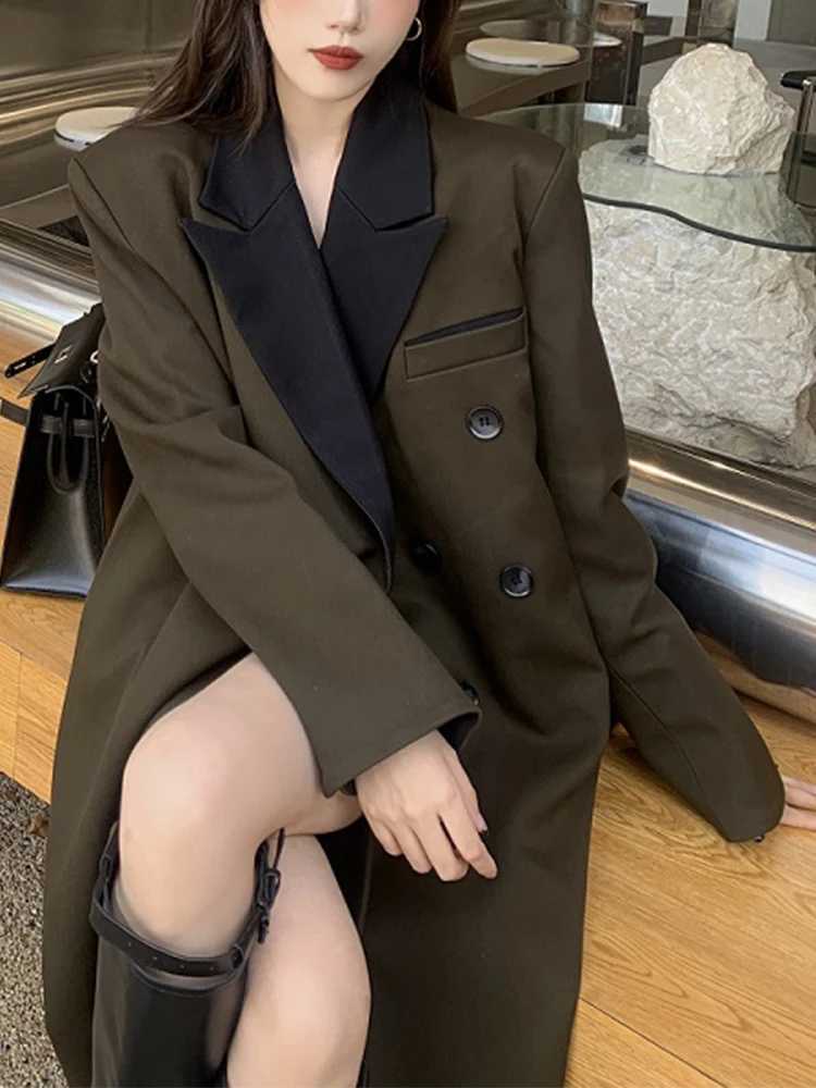 Stylishe Women Long Trench Coat Buttons Patchwork Elegant Brown Loose Blazer Jacket Female Autumn Korean Office Lady Coats ChicX240921