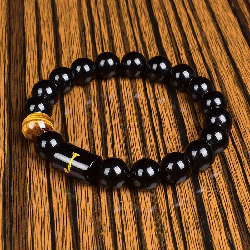 Initials Bracelets for Men Letter Link Handmade Natural Black Onyx Tiger Eye Stone Beads Bracelet Polished Black Agate BanglesX240921