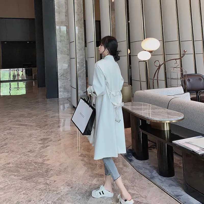 Spinrg Autumn Womens Trench Coat Long Sleeve Vintage Overcoat 2021Lady lapel Sashes Knee Length White Outerwear Windbreaker topX240921