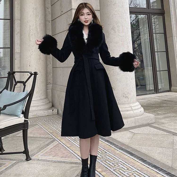 LOLIBOOK Womens Winter Warm Cotton Coat with Large Fur Collar A-line Ultra Thin Wool Coat French Fashion Hepburn Thick Artificial Fur Coat W240921