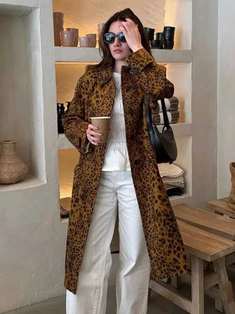 ZBZA Women Vintage Leopard Trench Coat Loose Long Sleeve Lapel Single-breasted Pocket Mid-length Outerwear Fall Winter Lady CoatX240921