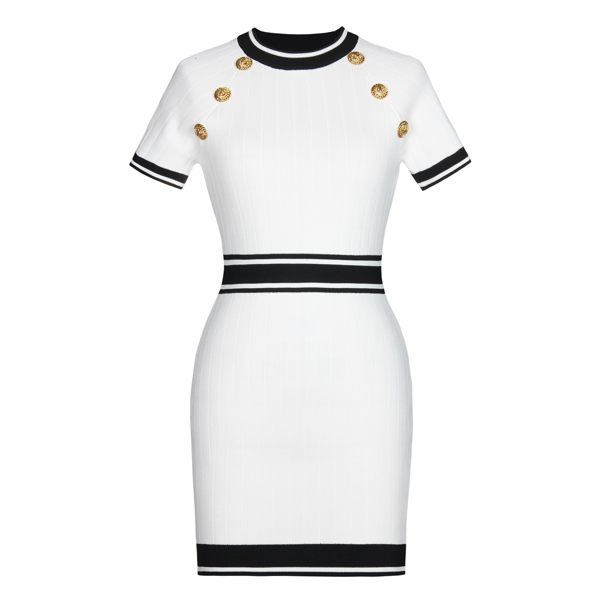 SML Quality Spot 2024 Summer New Lady Versatile Temperament Round Neck Waist Slim Short Sleeve Hip Wool Knit Dress
