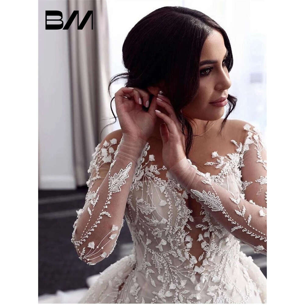 Arabic Long Sleeve Wedding Dresses With Detachable Train Lace Appliques Romantic Bride Dress Vestidos Novia Robe De Mariee