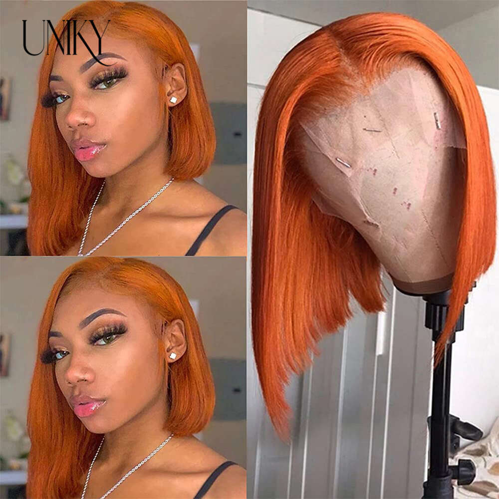 Colored Ginger Orange Short Straight Bob 13x4 13x6 Hd Lace Frontal Human Hair Wigs Pre-Plucked For Black Women Brazilian