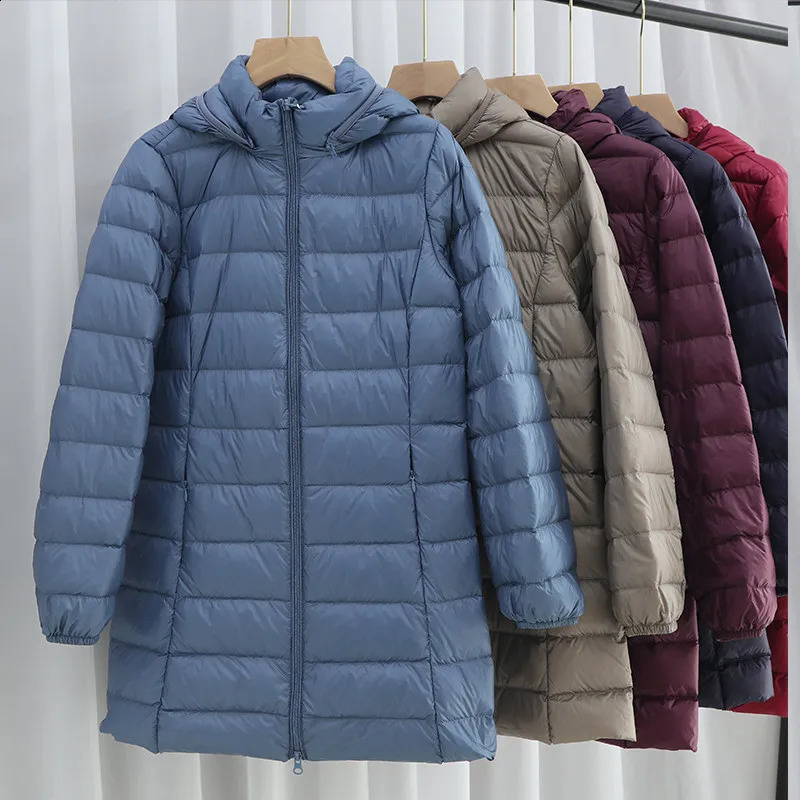 Hat detachable hooded down jacket winter womens lightweight white duck down jacket Parkas womens long warm large-sized inflatable jacket 240913