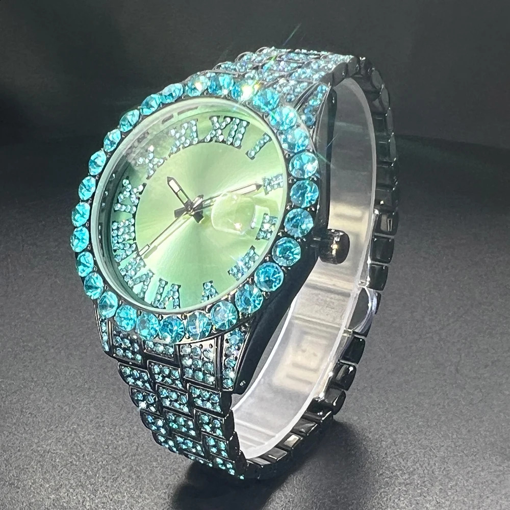 MISSFOX Diamond Watch For Men Fashion Light Blue Stainess Steel Quartz Wristwatch Hip Hop Rapper Style Waterproof Clock 240909