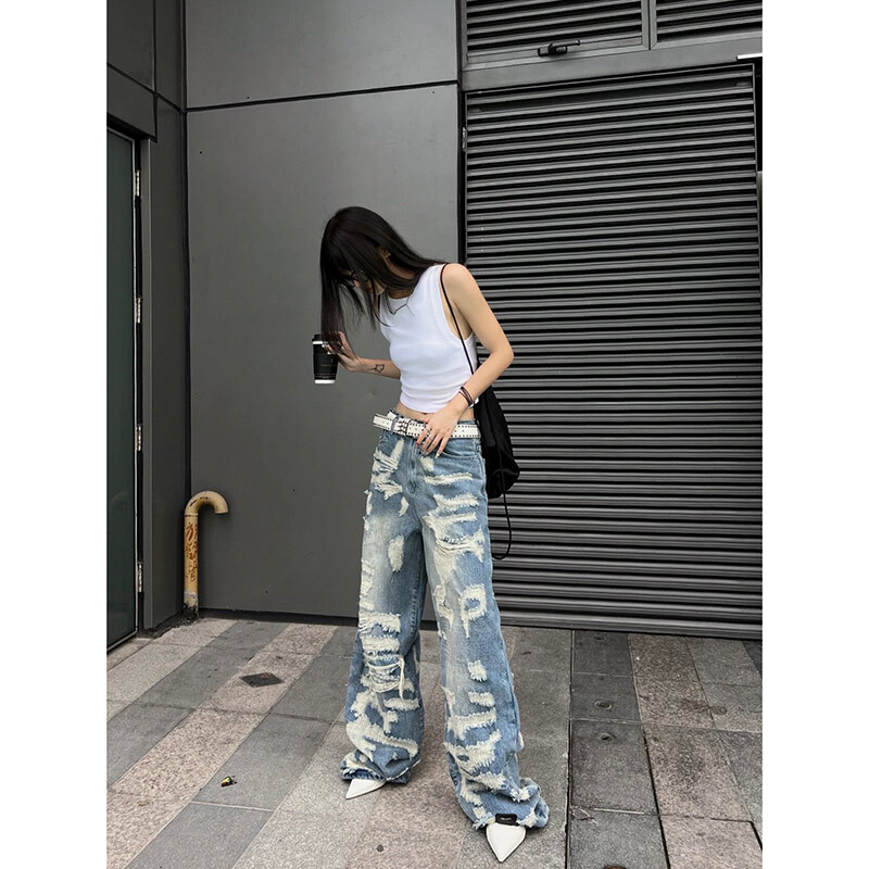 Women Blue Ripped Jeans Haruku Y2k 90S Aesthetic Oversize Denim Trousers High Waist Cowboy Pants Vintage 2000S Trashy Clothes