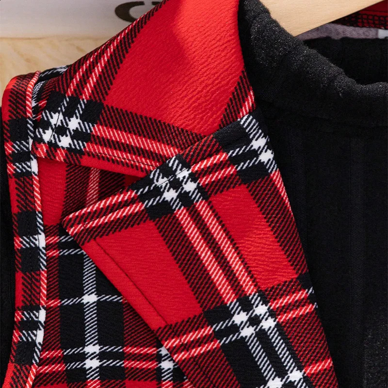 Three Piece Set For Winter Girls Cute And Warm Christmas Plaid Printed Jacket Long Sleeved Pants Princess Birthday Party Dress 240911
