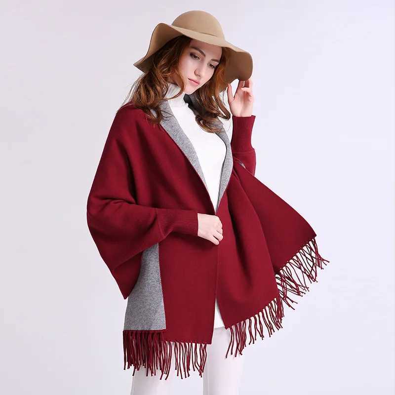 Womens raincoat with sleeves tassel knit shawl plus size cardigan winter long coat MUJI W240921