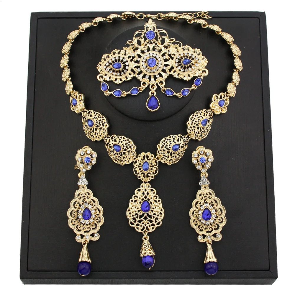 Sunspicems Gold Color Moroccan Bride Jewelry Sets for Women Caftan Brooch Earring Necklace Set Algeria Flower Pendant Necklace 240911