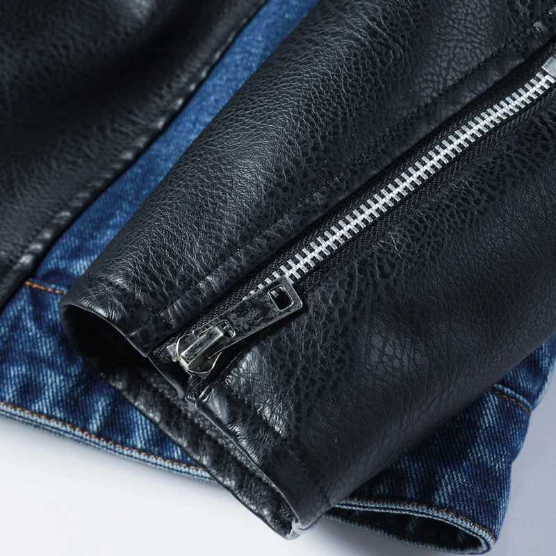 Mens leather jacket autumn and winter casual denim patch work top motorcycle armored jacket fashionable streetwear mens clothing S-3XL W240918