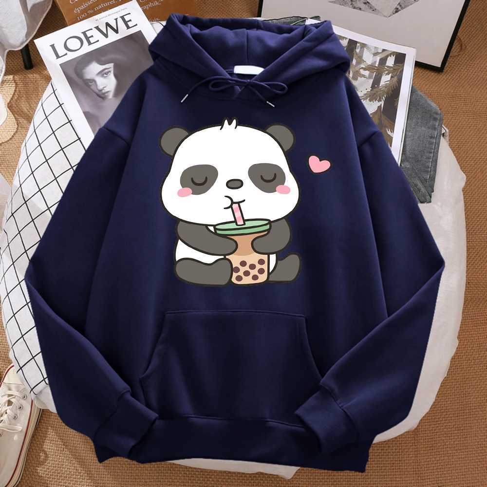 Pandas Love Drinking Pearl Milk Tea Printed Hoodie Mens Harajuku Warm Hoodie Fashion Casual Sweatshirt Autumn Large Size Sweatshirt W240921