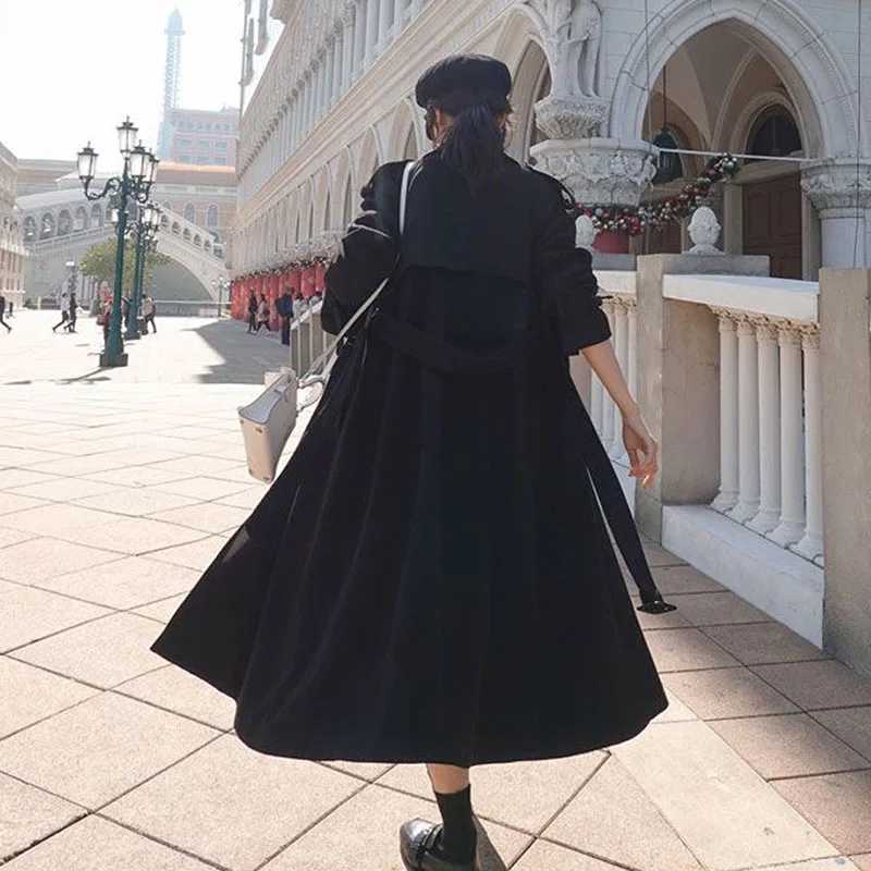 Autumn New Women Mid-Length Trench Coat With Belt Lapel Double-breasted Wine Red Black Elegant Female Windbreaker Windproof CoatX240921